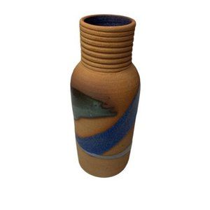 Artist Signed Studio Art Pottery Drip Glaze  Vase 7.75” Cased In Cobalt Blue